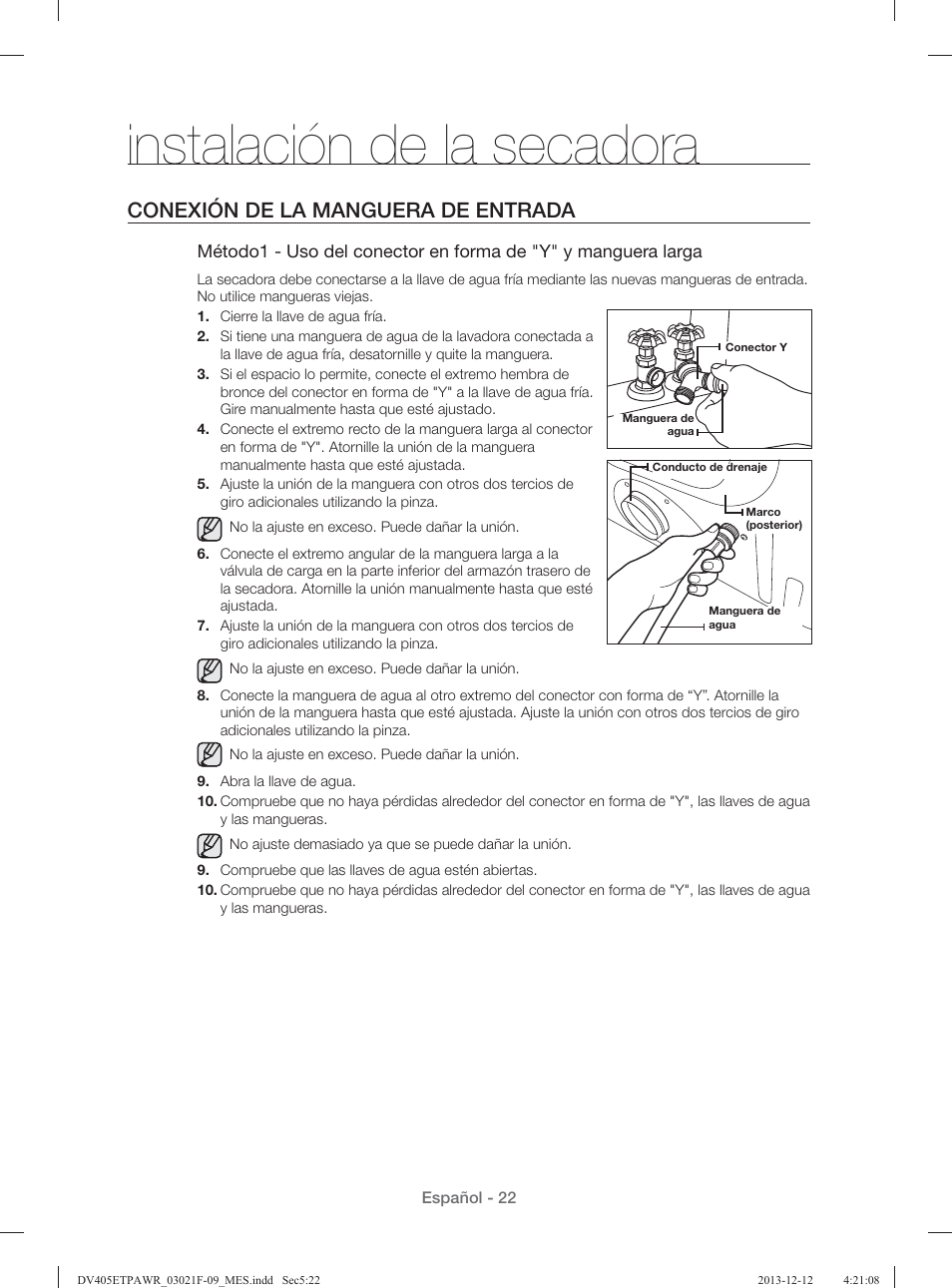 Instalación de la secadora, Conexión de la manguera de entrada | Samsung DV393GTPAWR-A1 User Manual | Page 66 / 136