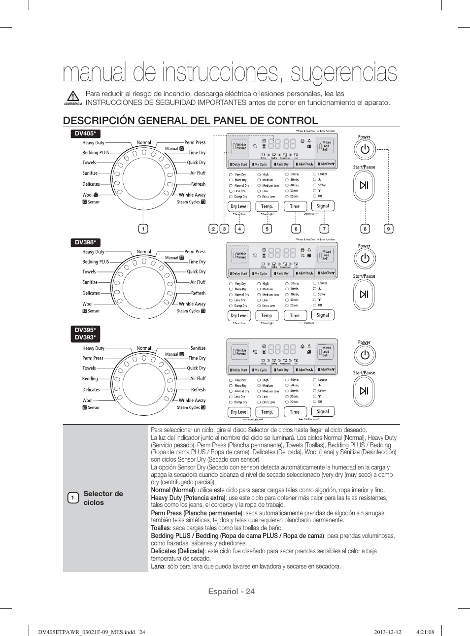 Manual de instrucciones, sugerencias, Descripción general del panel de control | Samsung DV393GTPAWR-A1 User Manual | Page 68 / 136