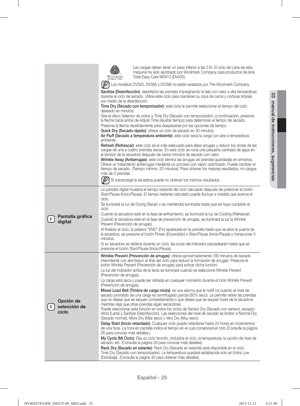 Español - 25 | Samsung DV393GTPAWR-A1 User Manual | Page 69 / 136