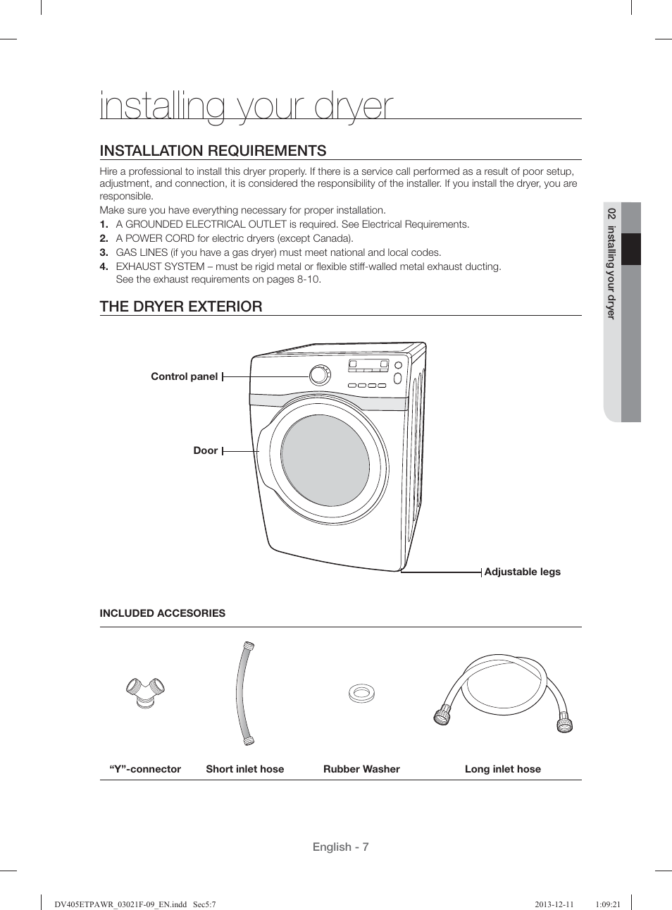 Installing your dryer, Installation requirements, The dryer exterior | Samsung DV393GTPAWR-A1 User Manual | Page 7 / 136