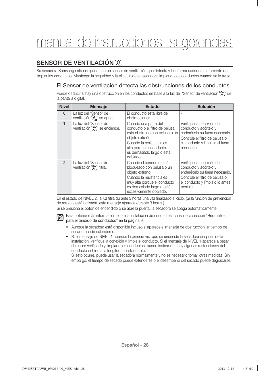 Manual de instrucciones, sugerencias, Sensor de ventilación | Samsung DV393GTPAWR-A1 User Manual | Page 72 / 136