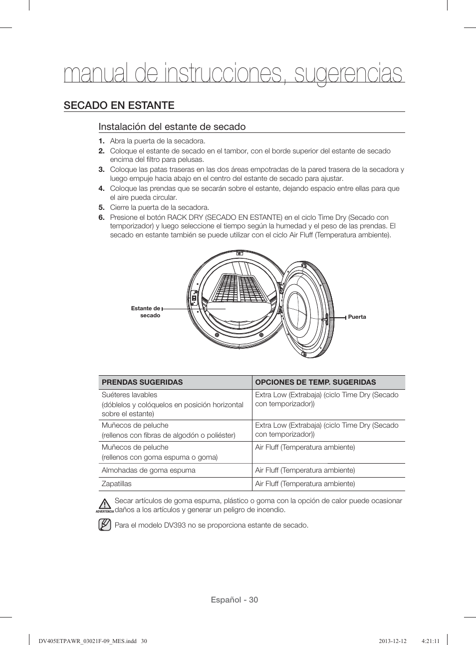 Manual de instrucciones, sugerencias, Secado en estante, Instalación del estante de secado | Samsung DV393GTPAWR-A1 User Manual | Page 74 / 136