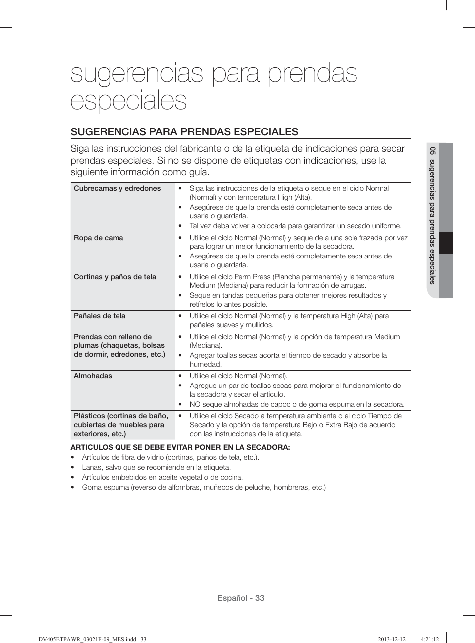 Sugerencias para prendas especiales | Samsung DV393GTPAWR-A1 User Manual | Page 77 / 136