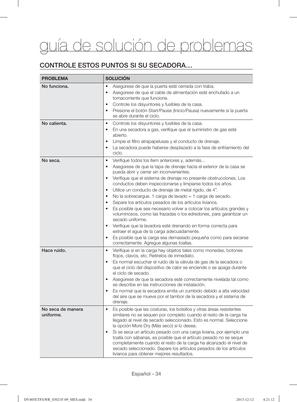 Guía de solución de problemas, Controle estos puntos si su secadora | Samsung DV393GTPAWR-A1 User Manual | Page 78 / 136