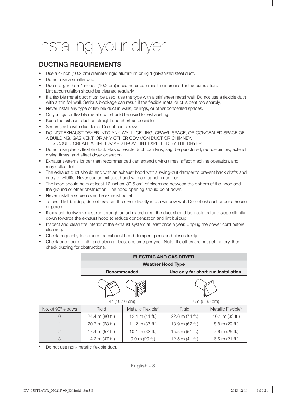 Installing your dryer, Ducting requirements | Samsung DV393GTPAWR-A1 User Manual | Page 8 / 136
