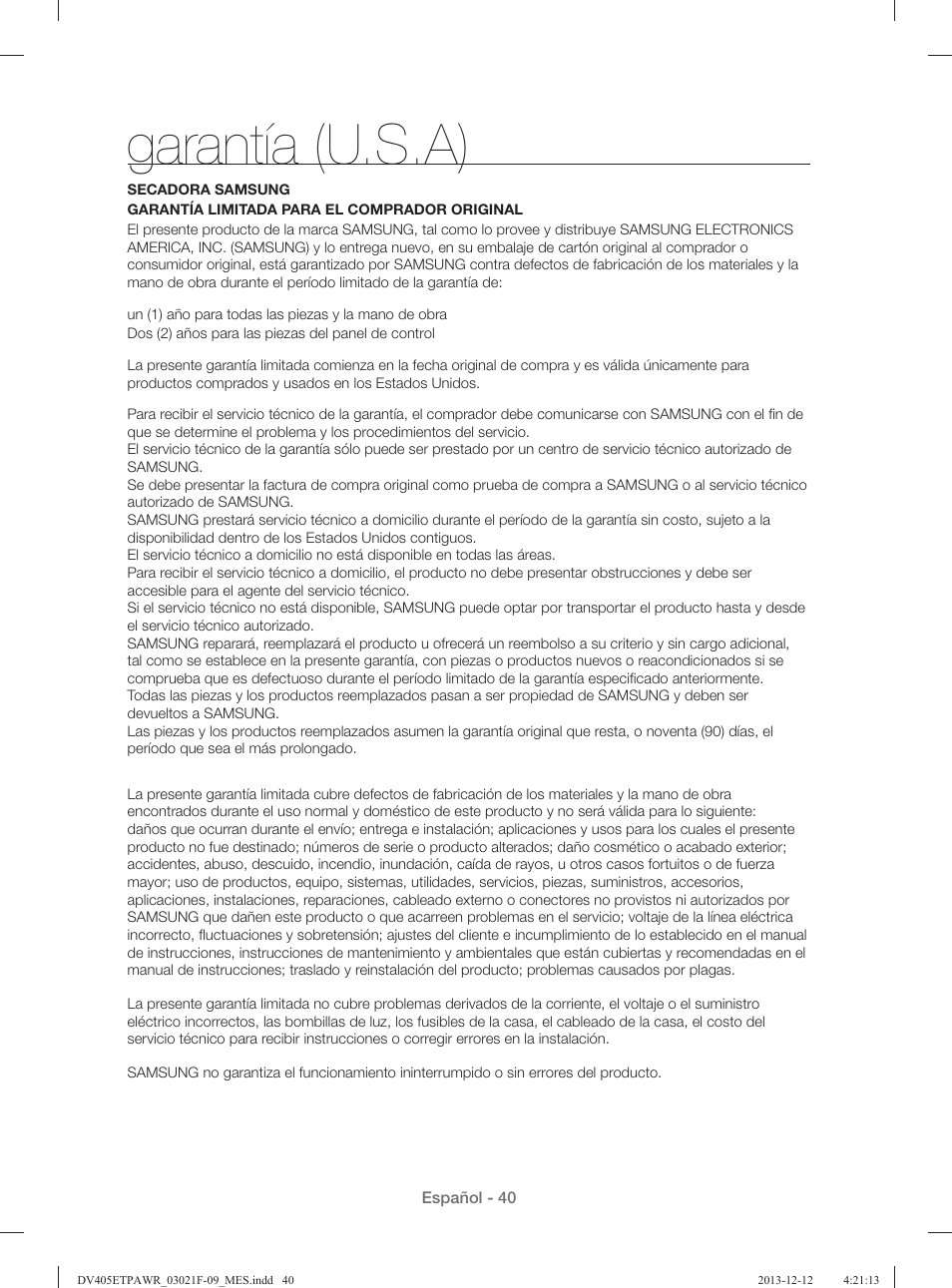 Garantía (u.s.a) | Samsung DV393GTPAWR-A1 User Manual | Page 84 / 136