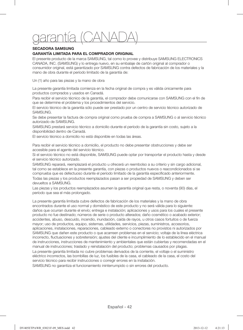 Garantía (canada) | Samsung DV393GTPAWR-A1 User Manual | Page 86 / 136