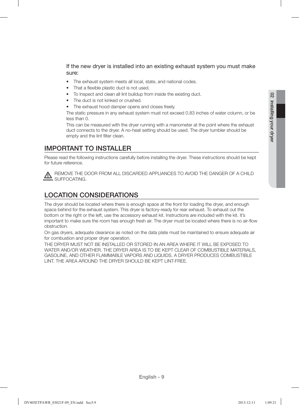 Important to installer, Location considerations | Samsung DV393GTPAWR-A1 User Manual | Page 9 / 136