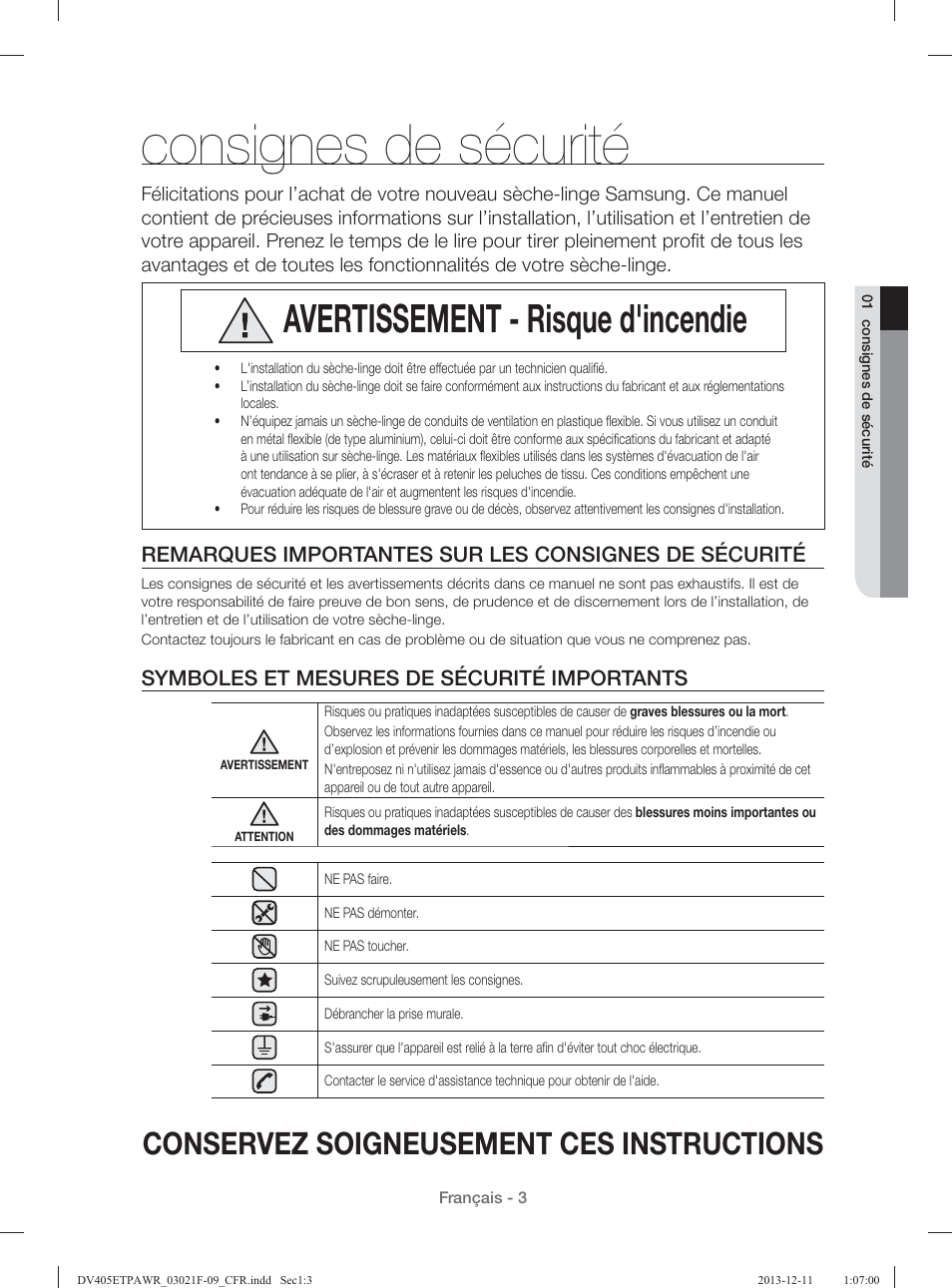 Consignes de sécurité, Avertissement - risque d'incendie, Conservez soigneusement ces instructions | Symboles et mesures de sécurité importants | Samsung DV393GTPAWR-A1 User Manual | Page 93 / 136