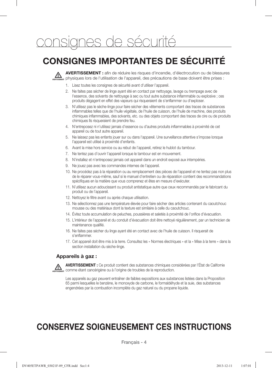 Consignes de sécurité, Conservez soigneusement ces instructions, Consignes importantes de sécurité | Samsung DV393GTPAWR-A1 User Manual | Page 94 / 136