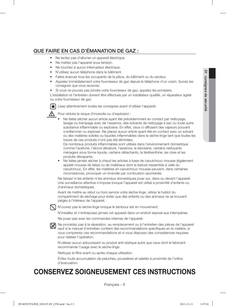 Conservez soigneusement ces instructions, Que faire en cas d’émanation de gaz | Samsung DV393GTPAWR-A1 User Manual | Page 95 / 136