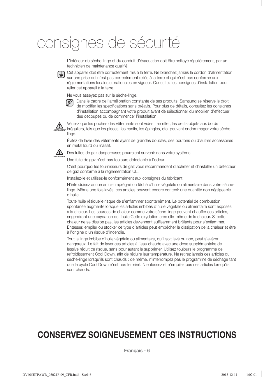 Consignes de sécurité, Conservez soigneusement ces instructions | Samsung DV393GTPAWR-A1 User Manual | Page 96 / 136