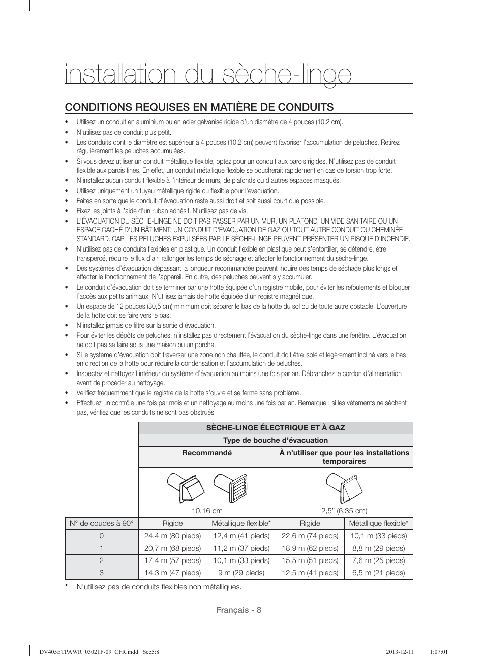 Installation du sèche-linge, Conditions requises en matière de conduits | Samsung DV393GTPAWR-A1 User Manual | Page 98 / 136