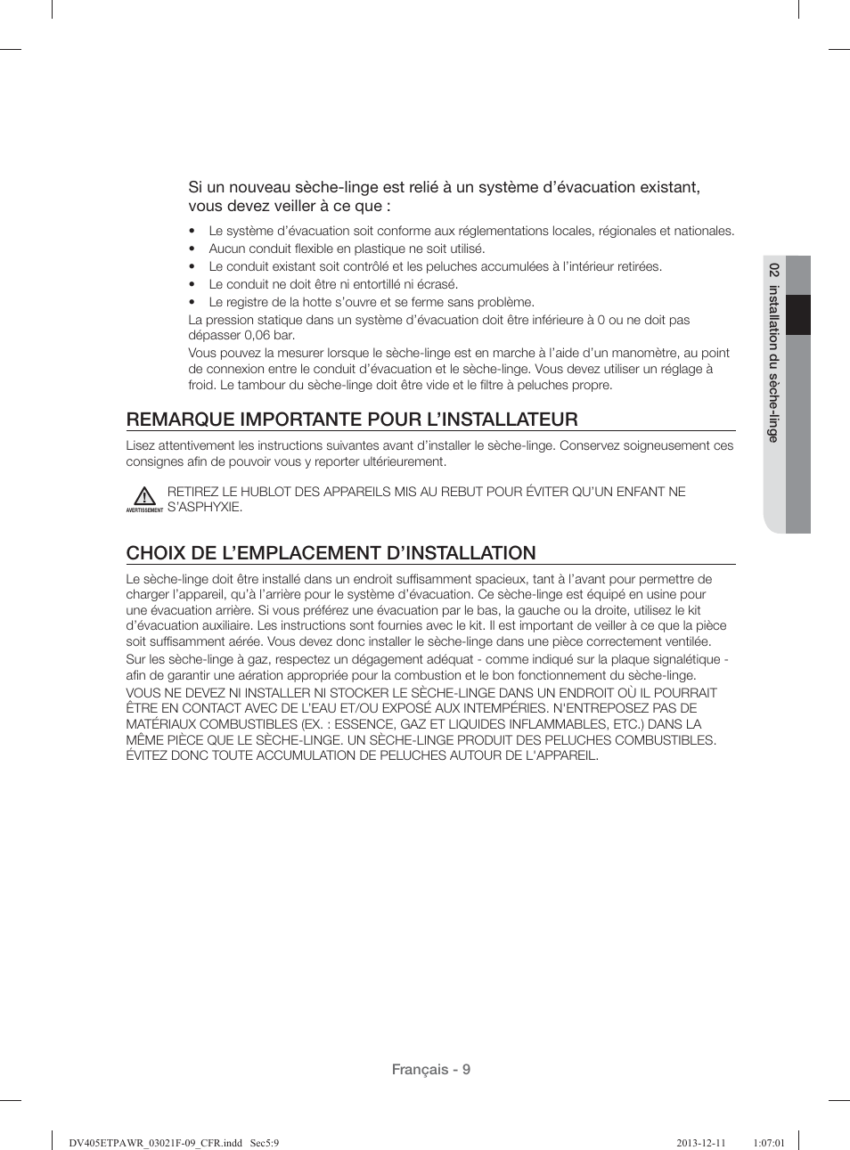 Remarque importante pour l’installateur, Choix de l’emplacement d’installation | Samsung DV393GTPAWR-A1 User Manual | Page 99 / 136