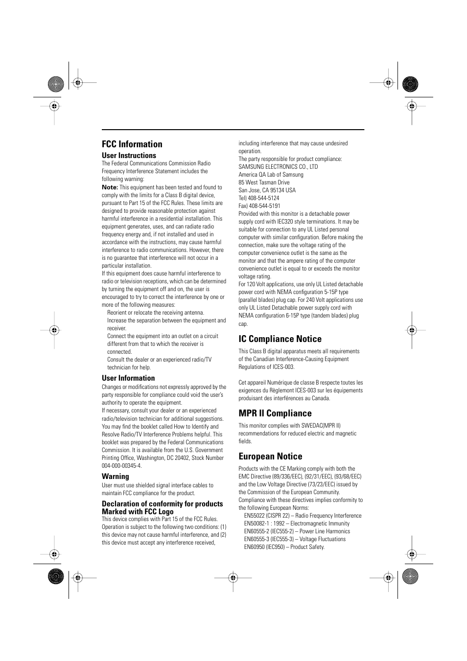 Regulatory information, Fcc information, Ic compliance notice | Mpr ii compliance, European notice | Samsung AV17KSBL User Manual | Page 15 / 16