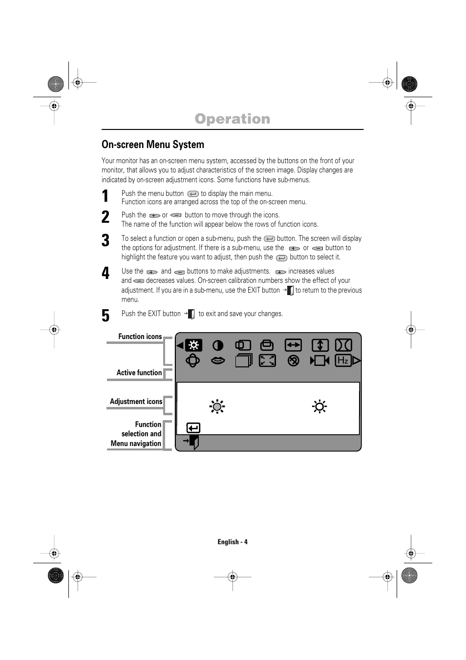 Operation, Brightness, Access function exit menu | Samsung AV17KSBL User Manual | Page 6 / 16