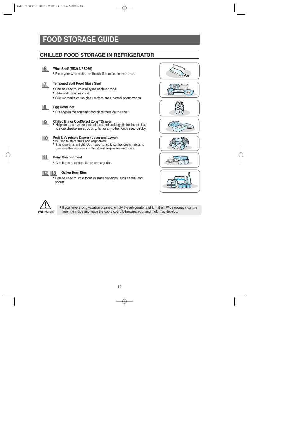 Food storage guide, Chilled food storage in refrigerator | Samsung RS267LASH-XAA User Manual | Page 10 / 32