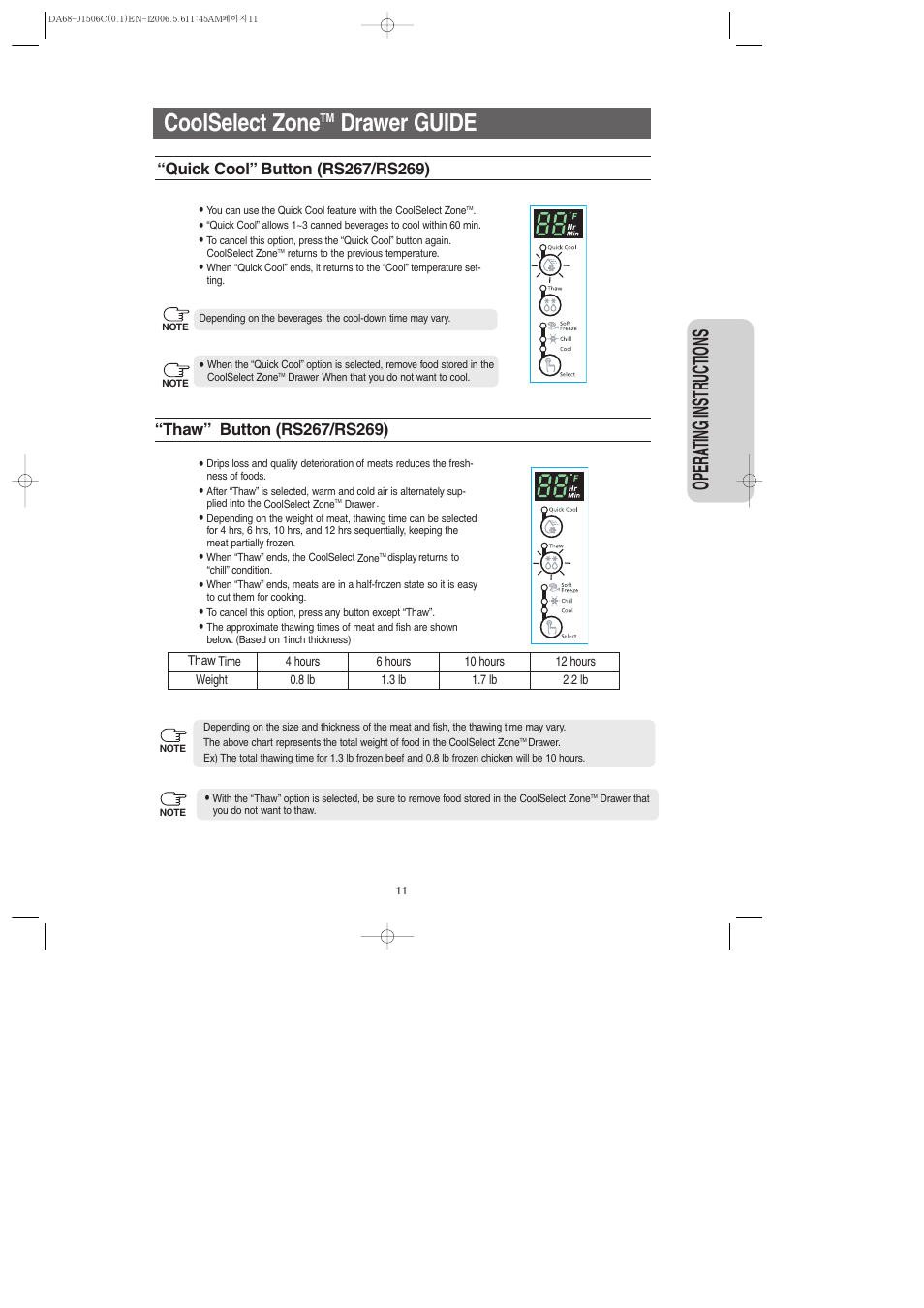 Coolselect zonetm drawer guide, Coolselect zone, Drawer guide | Opera ting instr uctions | Samsung RS267LASH-XAA User Manual | Page 11 / 32