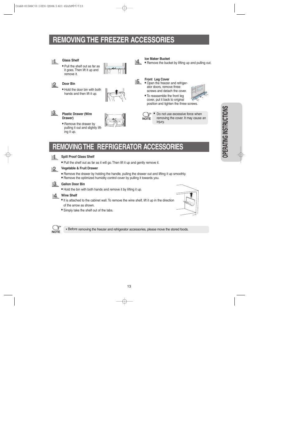 Removing the freezer accessories, Removing the refrigerator accessories, Opera ting instr uctions | Samsung RS267LASH-XAA User Manual | Page 13 / 32