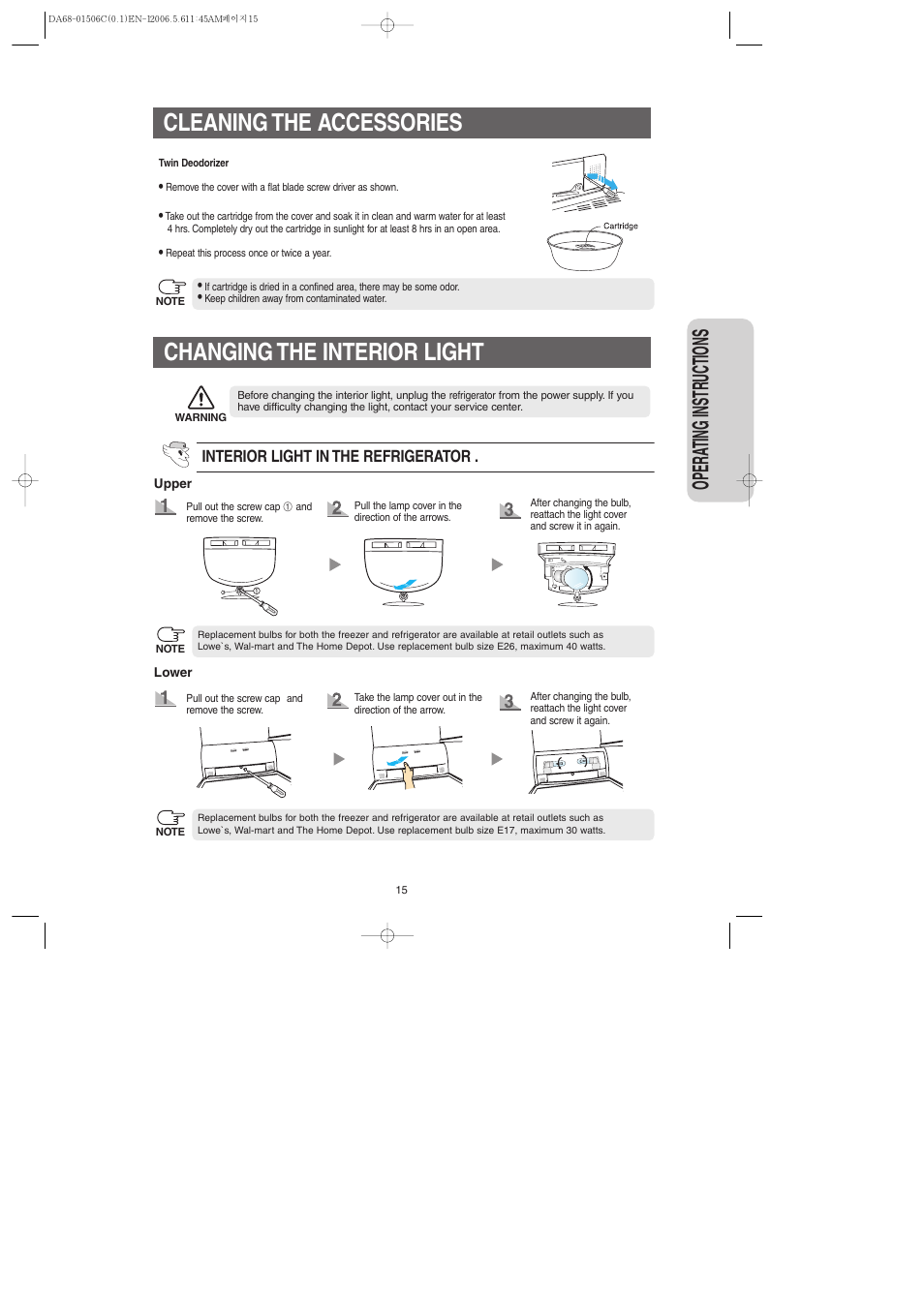 Changing the interior light, Cleaning the accessories, Opera ting instr uctions | Samsung RS267LASH-XAA User Manual | Page 15 / 32