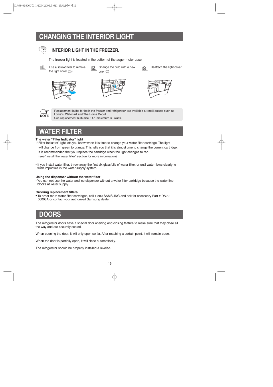 Changing the interior light, Water filter, Doors | Interior light in the freezer | Samsung RS267LASH-XAA User Manual | Page 16 / 32