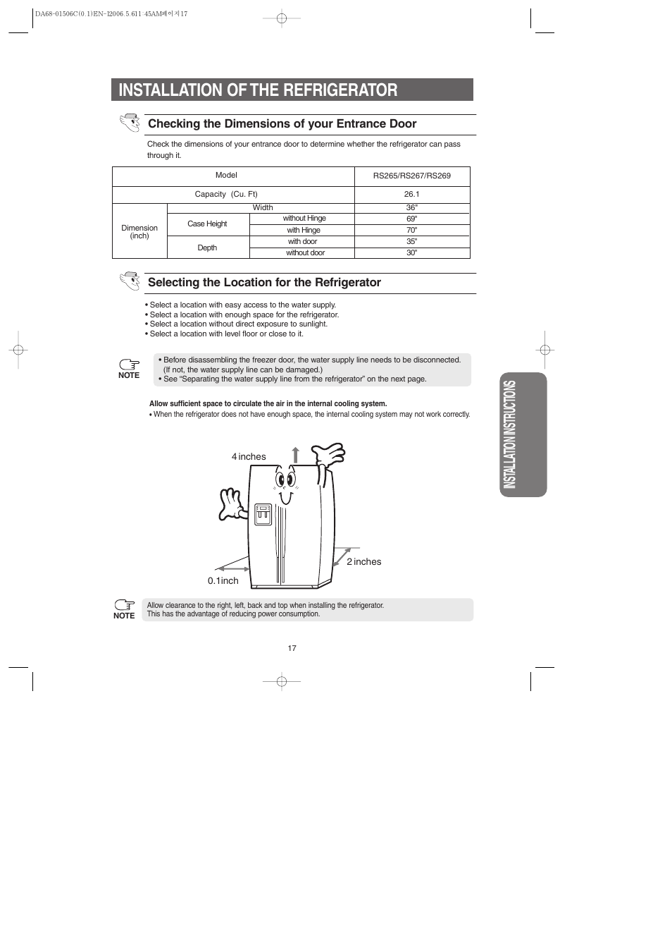 Installation of the refrigerator, Inst alla tion instr uctions | Samsung RS267LASH-XAA User Manual | Page 17 / 32