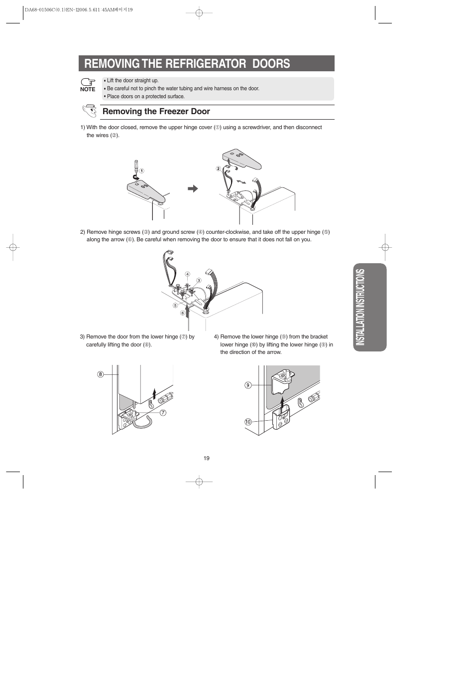 Removing the refrigerator doors, Inst alla tion instr uctions | Samsung RS267LASH-XAA User Manual | Page 19 / 32