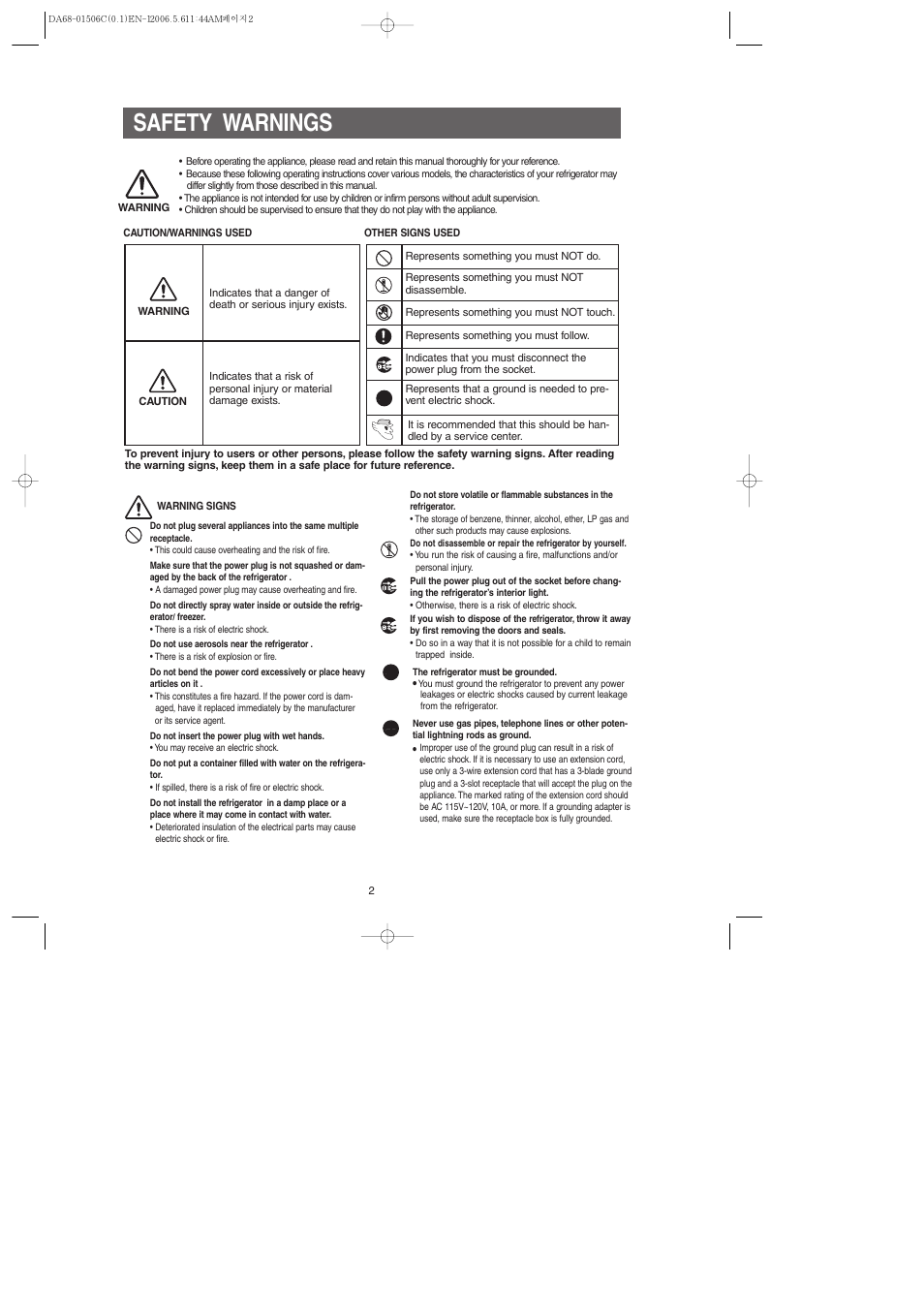 Safety warnings | Samsung RS267LASH-XAA User Manual | Page 2 / 32