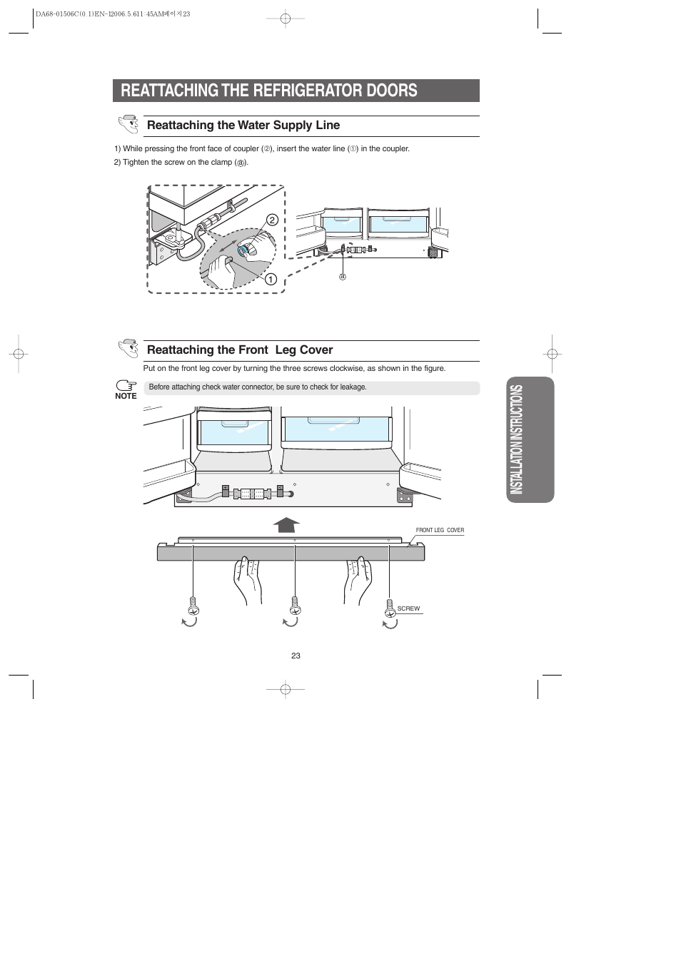 Reattaching the refrigerator doors, Inst alla tion instr uctions | Samsung RS267LASH-XAA User Manual | Page 23 / 32
