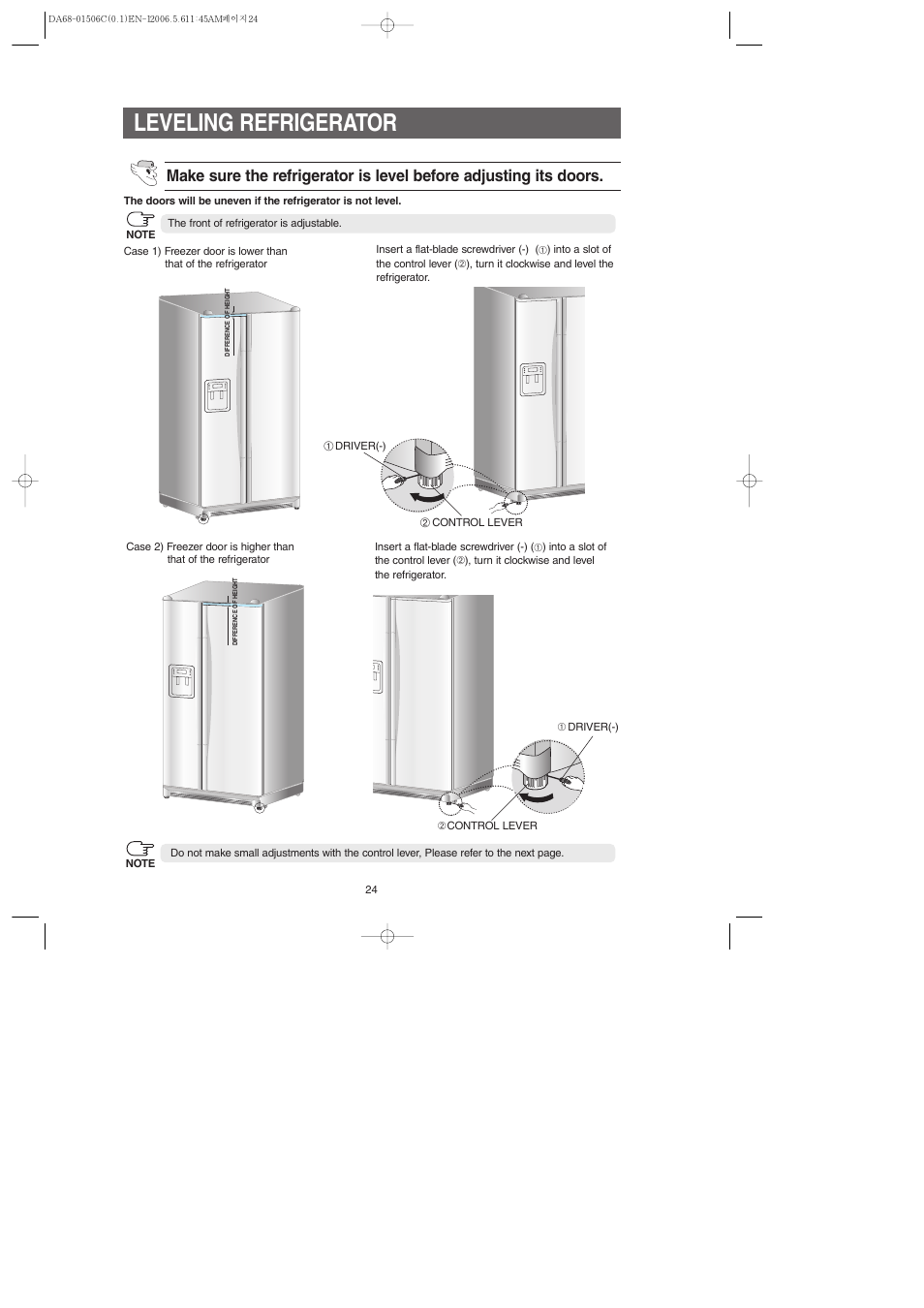 Leveling refrigerator | Samsung RS267LASH-XAA User Manual | Page 24 / 32
