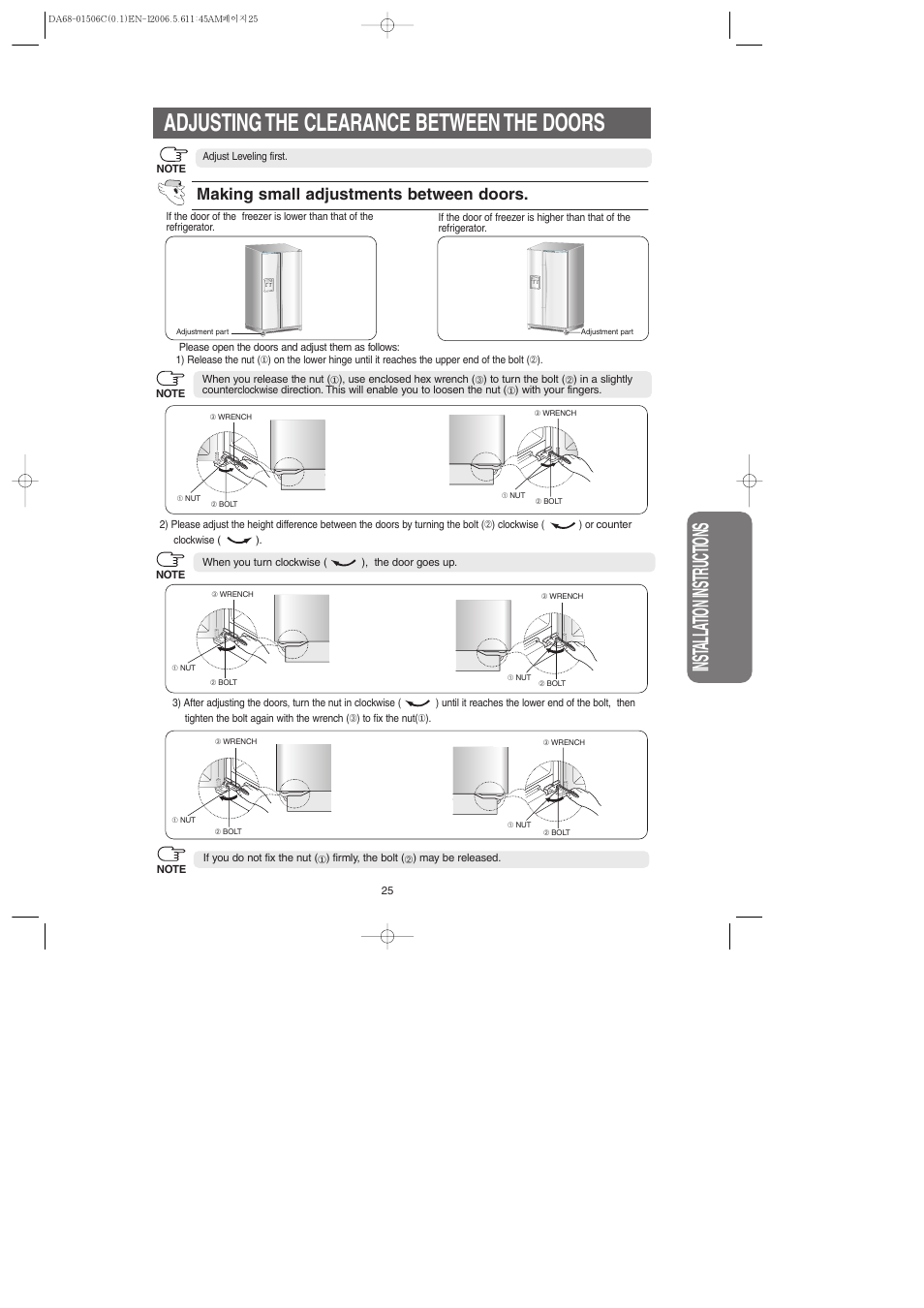 Adjusting the clearance between the doors, Inst alla tion instr uctions, Making small adjustments between doors | Samsung RS267LASH-XAA User Manual | Page 25 / 32