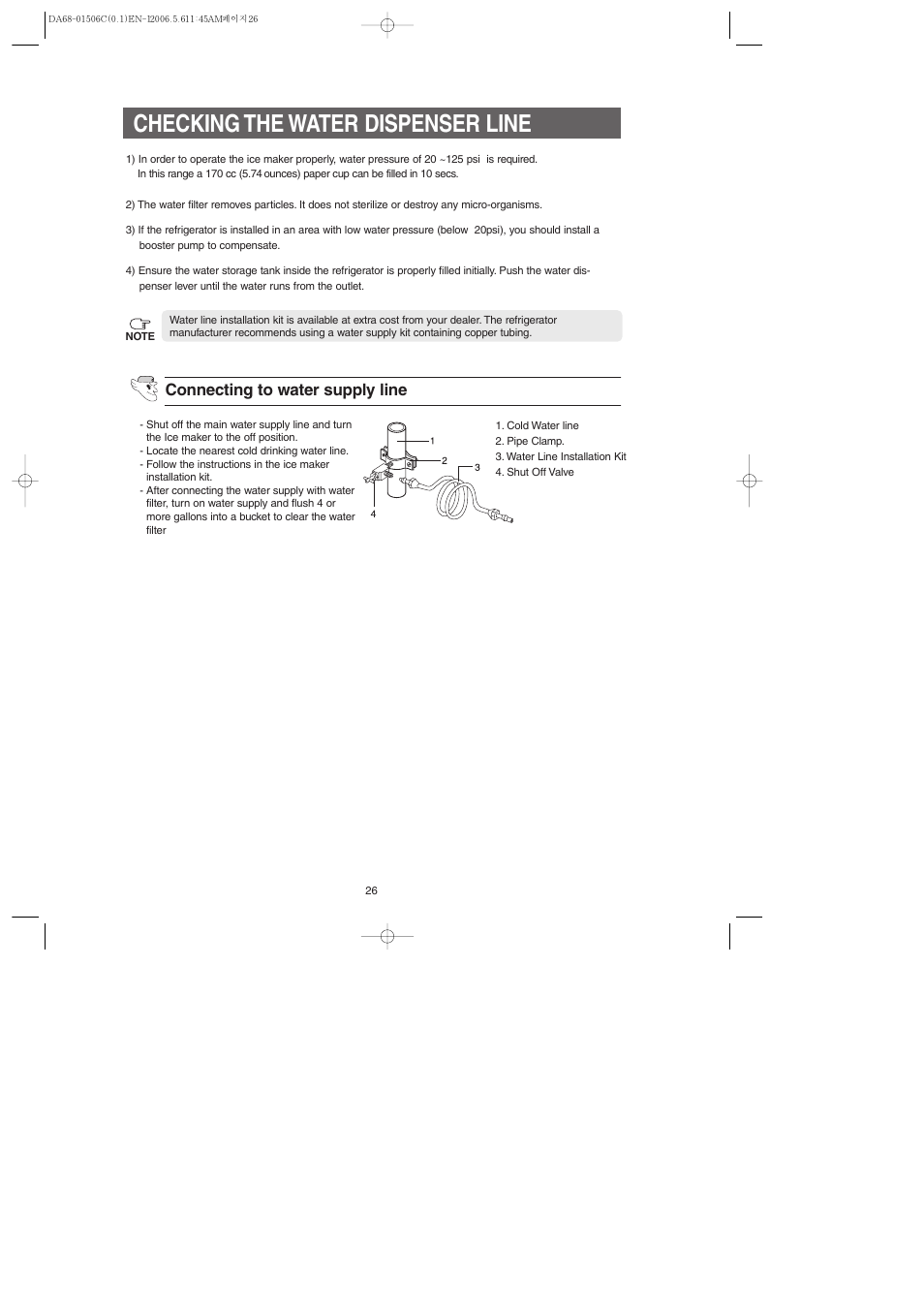 Checking the water dispenser line, Connecting to water supply line | Samsung RS267LASH-XAA User Manual | Page 26 / 32