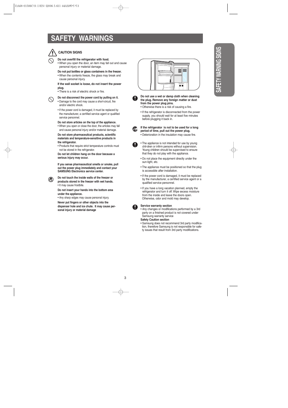 Safety warnings, Safety w arning signs | Samsung RS267LASH-XAA User Manual | Page 3 / 32