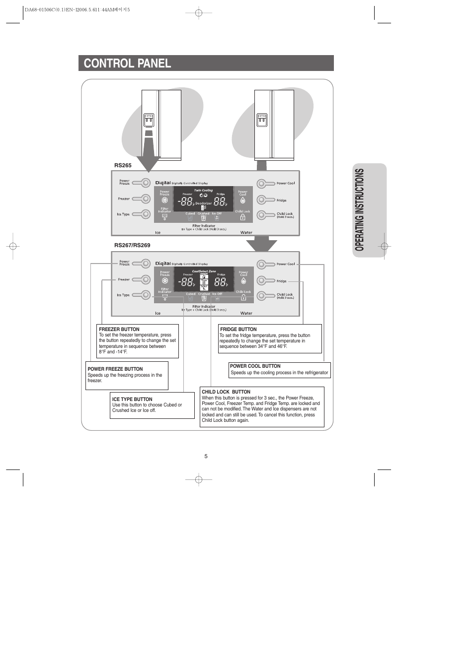 Control panel, Opera ting instr uctions | Samsung RS267LASH-XAA User Manual | Page 5 / 32