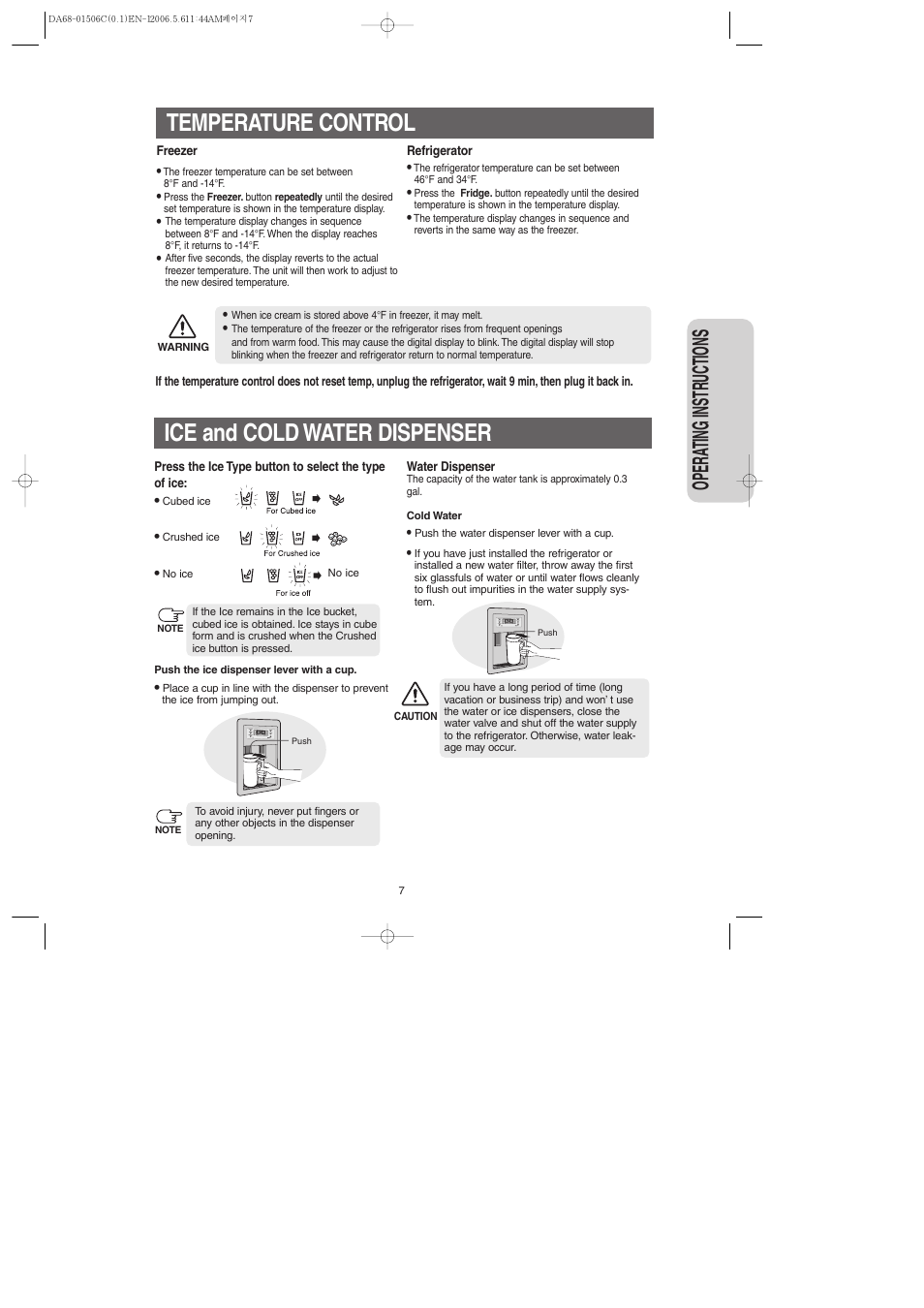 Temperature control, Ice and cold water dispenser, Opera ting instr uctions | Samsung RS267LASH-XAA User Manual | Page 7 / 32