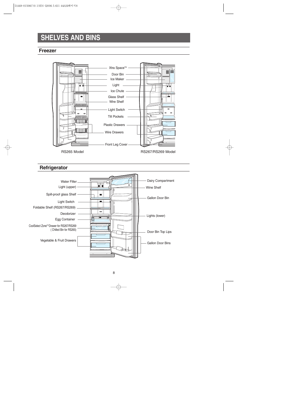 Shelves and bins, Freezer, Refrigerator | Samsung RS267LASH-XAA User Manual | Page 8 / 32