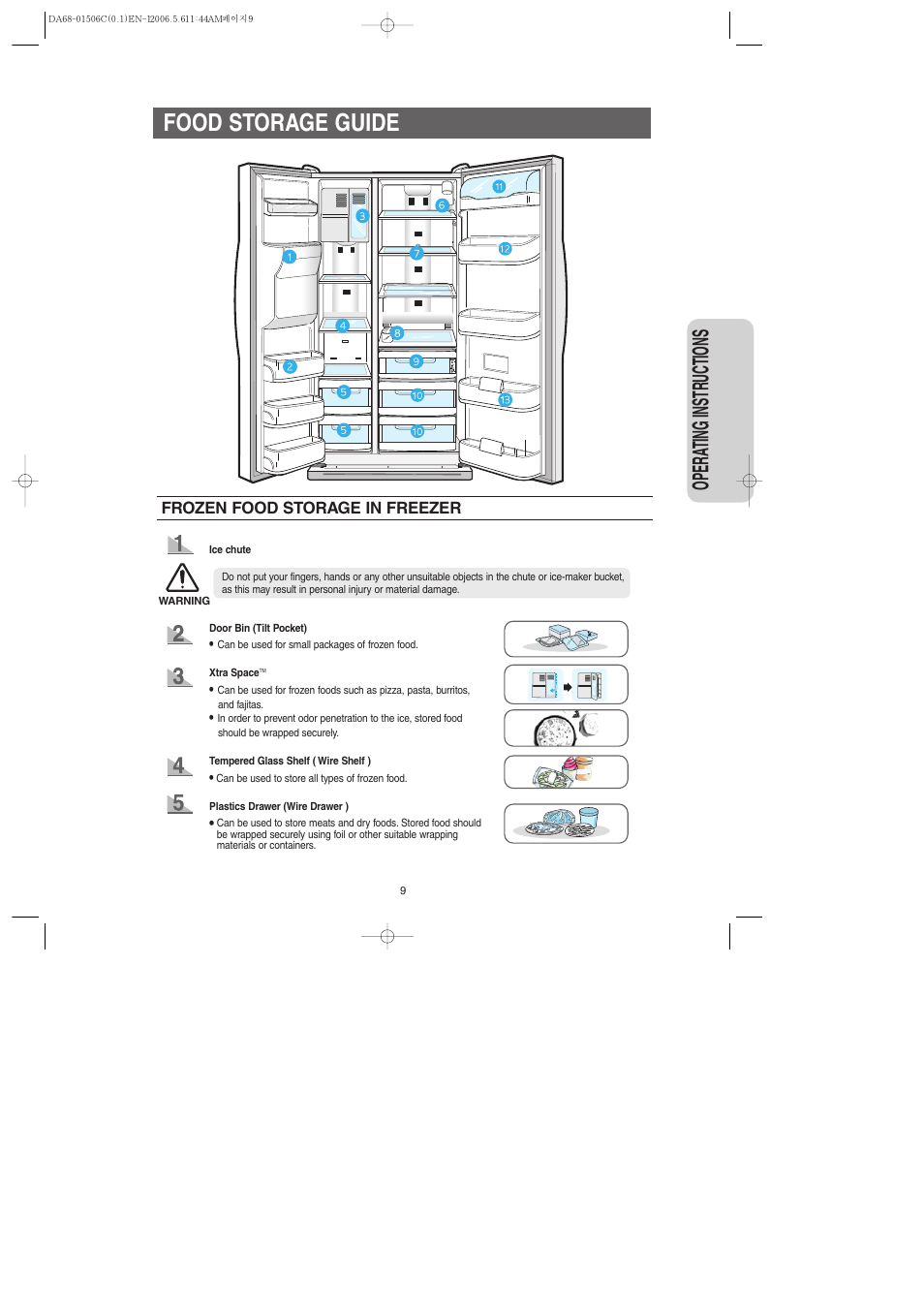 Food storage guide, Opera ting instr uctions | Samsung RS267LASH-XAA User Manual | Page 9 / 32