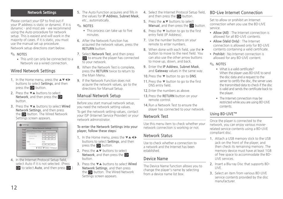 Network settings, Wired network settings, Manual network setup | Network test, Network status, Device name, Bd-live internet connection | Samsung BD-HM51-ZA User Manual | Page 12 / 26