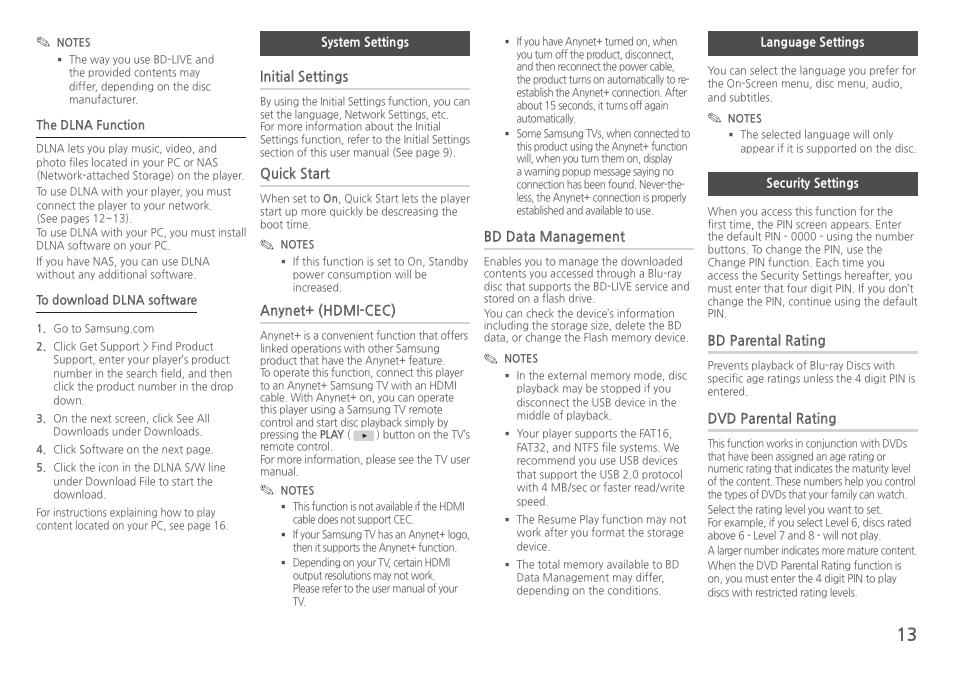System settings, Language settings, Security settings | Initial settings, Quick start, Anynet+ (hdmi-cec), Bd data management, Bd parental rating, Dvd parental rating | Samsung BD-HM51-ZA User Manual | Page 13 / 26