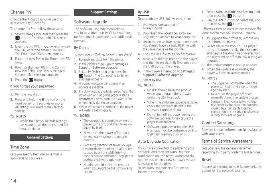 General settings, Support settings, Change pin | Time zone, Software upgrade, Contact samsung, Terms of service agreement, Reset | Samsung BD-HM51-ZA User Manual | Page 14 / 26