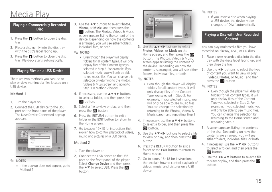 Media play, Playing a commercially recordeddisc, Playing files on a usb device | Playing a disc with user recordedcontent | Samsung BD-HM51-ZA User Manual | Page 15 / 26