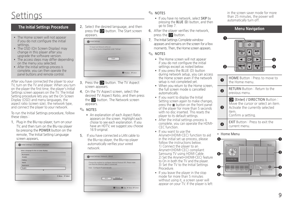 Settings, The initial settings procedure, Menu navigation | Samsung BD-HM51-ZA User Manual | Page 9 / 26