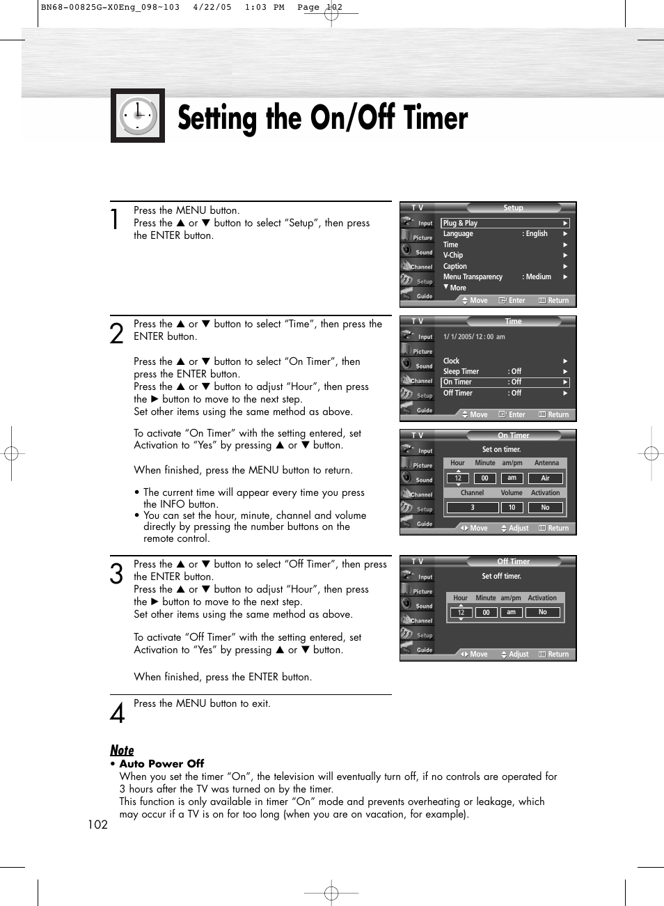 Setting the on/off timer | Samsung HPR5072X-XAA User Manual | Page 102 / 146
