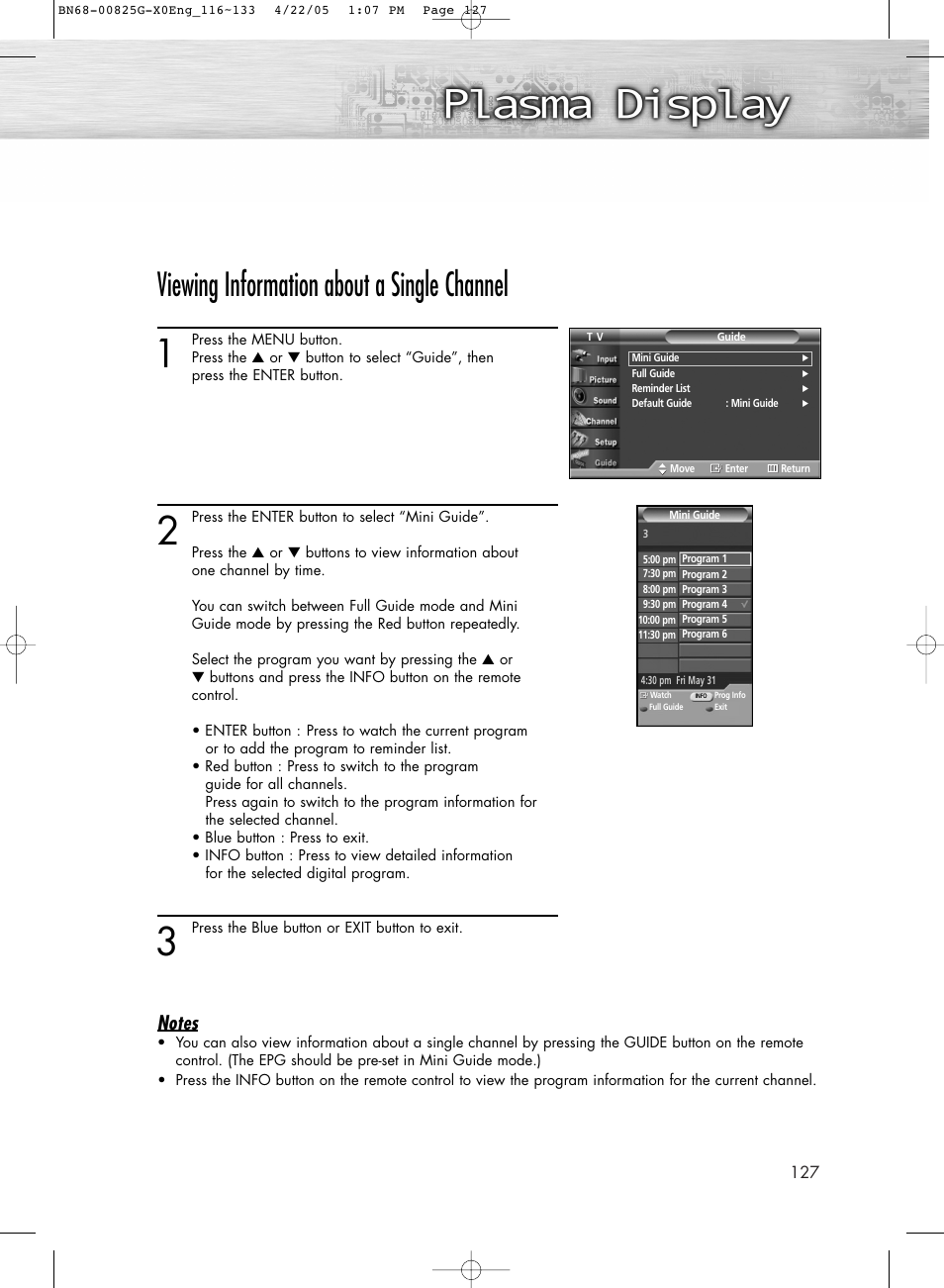 Viewing information about a single channel | Samsung HPR5072X-XAA User Manual | Page 127 / 146