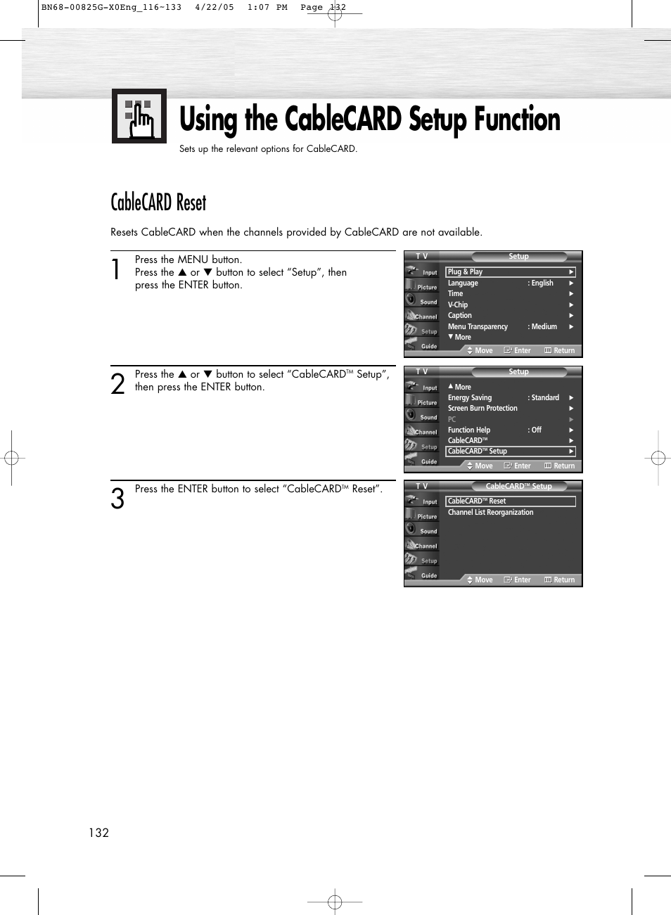 Using the cablecard setup function, Cablecard reset | Samsung HPR5072X-XAA User Manual | Page 132 / 146