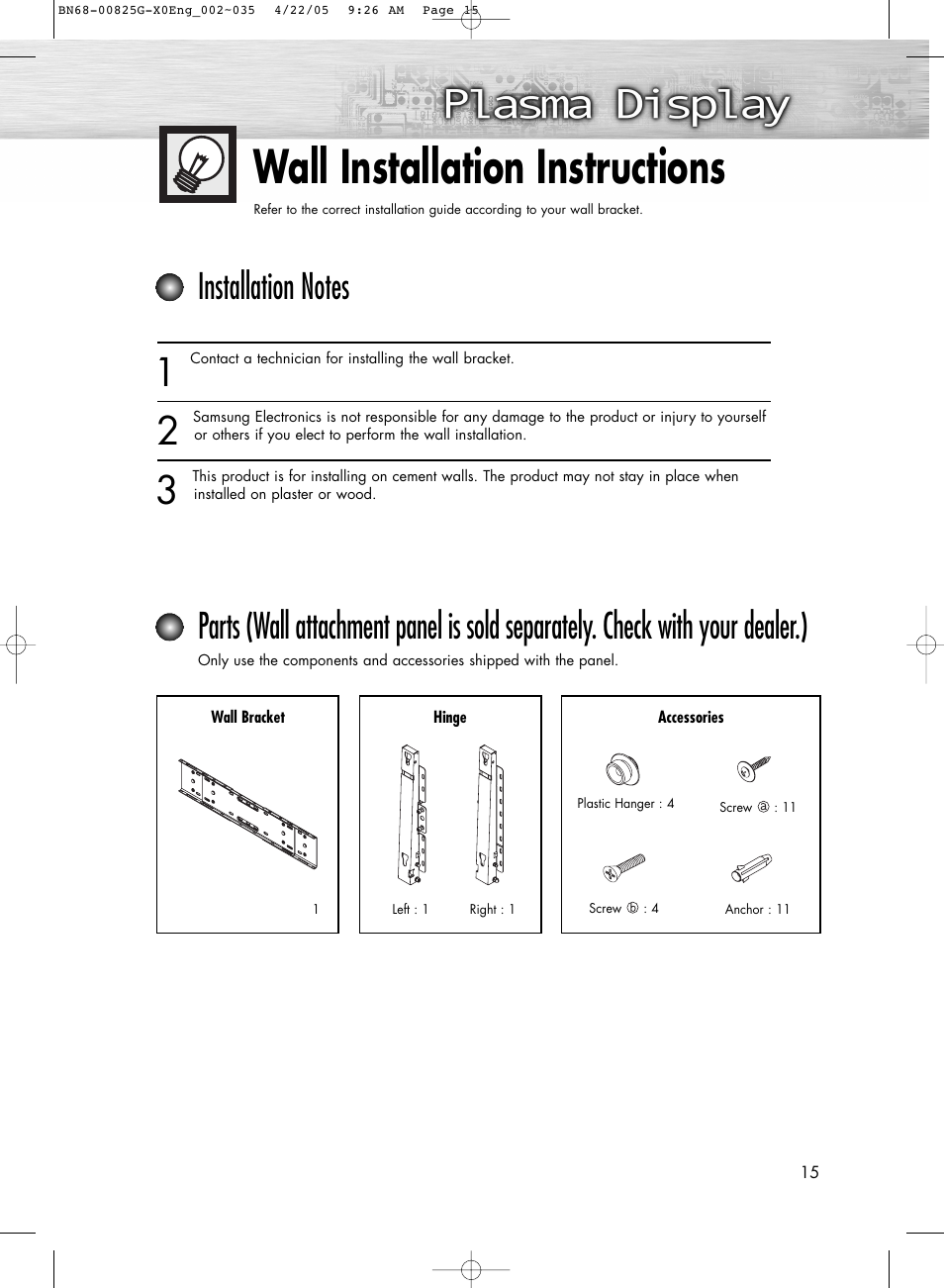 Wall installation instructions | Samsung HPR5072X-XAA User Manual | Page 15 / 146
