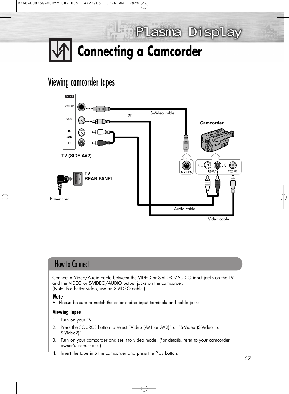 Connecting a camcorder, Viewing camcorder tapes, How to connect | Samsung HPR5072X-XAA User Manual | Page 27 / 146