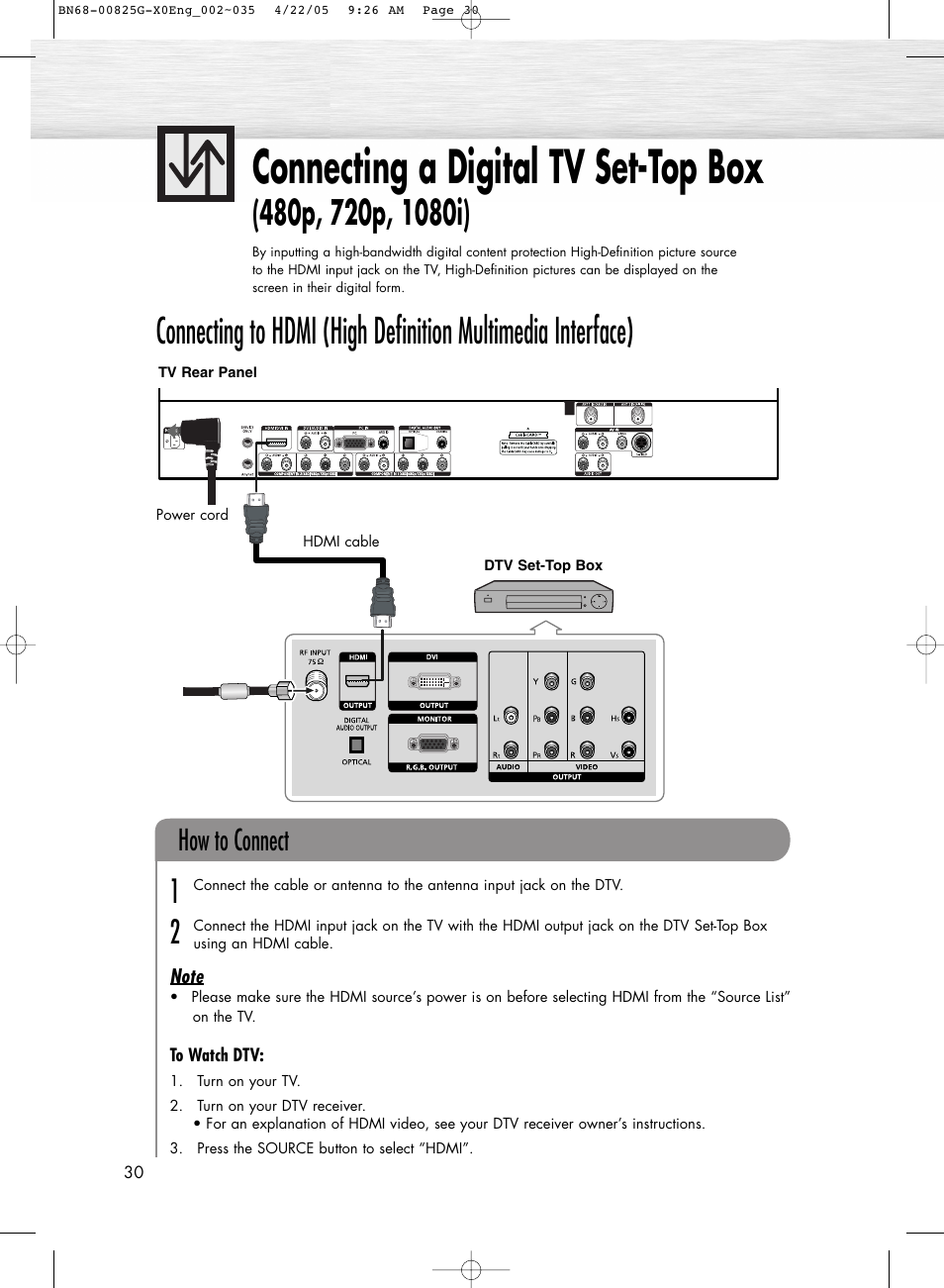 Connecting a digital tv set-top box, How to connect | Samsung HPR5072X-XAA User Manual | Page 30 / 146