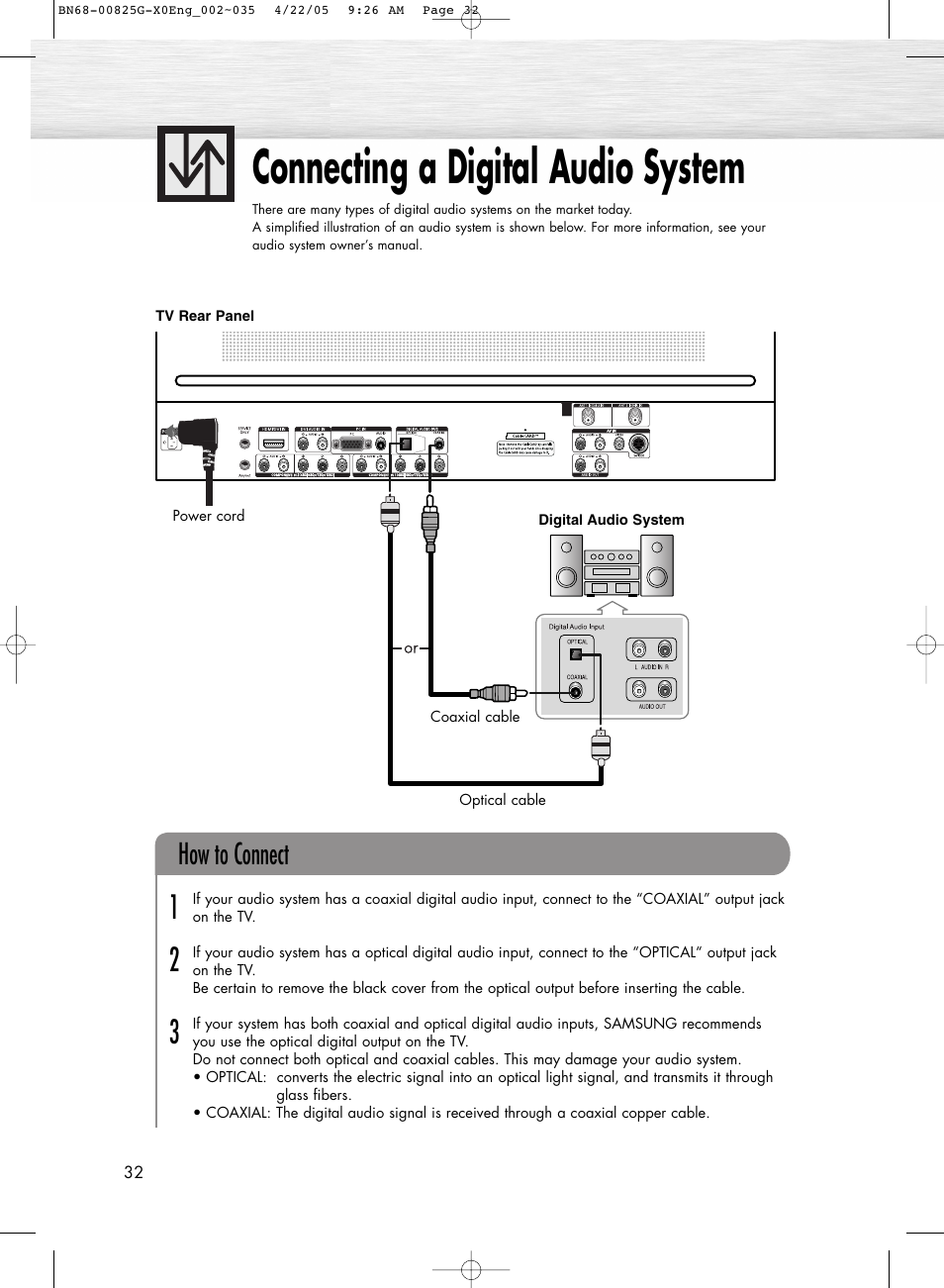 Connecting a digital audio system, How to connect | Samsung HPR5072X-XAA User Manual | Page 32 / 146