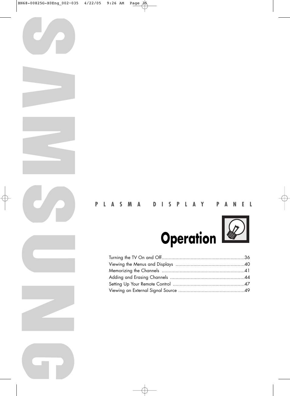Operation | Samsung HPR5072X-XAA User Manual | Page 35 / 146